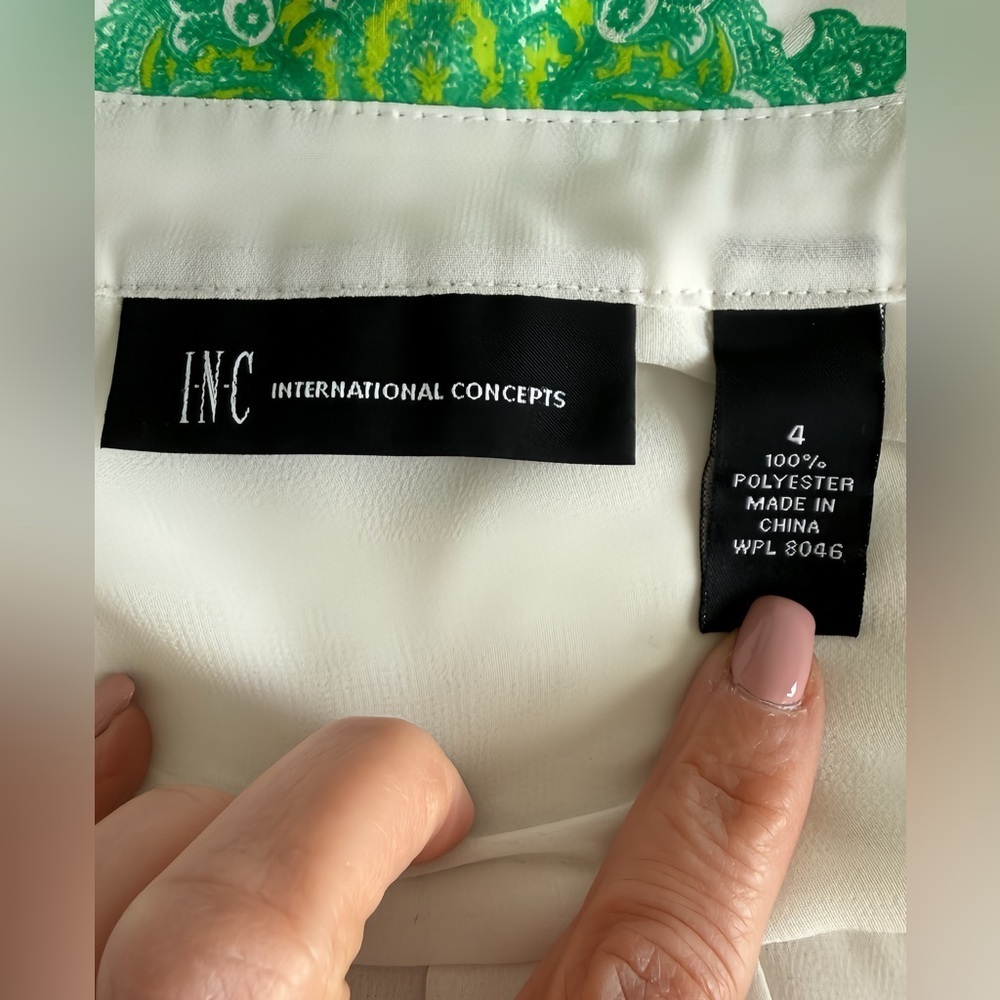 INC White Green Floral Scarf Print Blouse Women’s 4 Semi Sheer Button - Picture 5 of 8